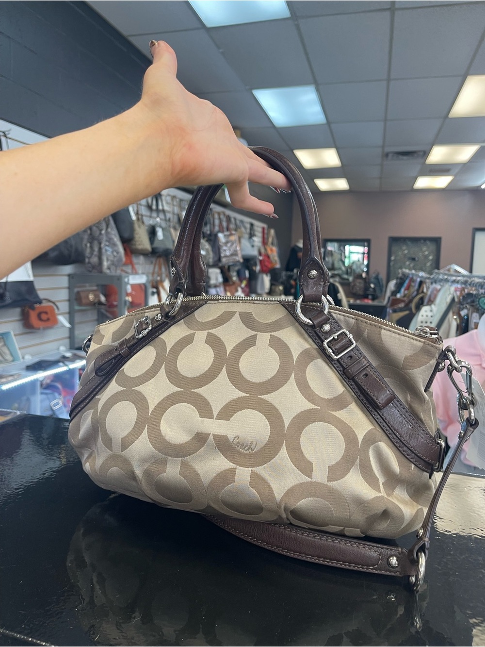 Coach Beige Signature Canvas Satchel with Brown Leather Trim - Picture 3 of 9